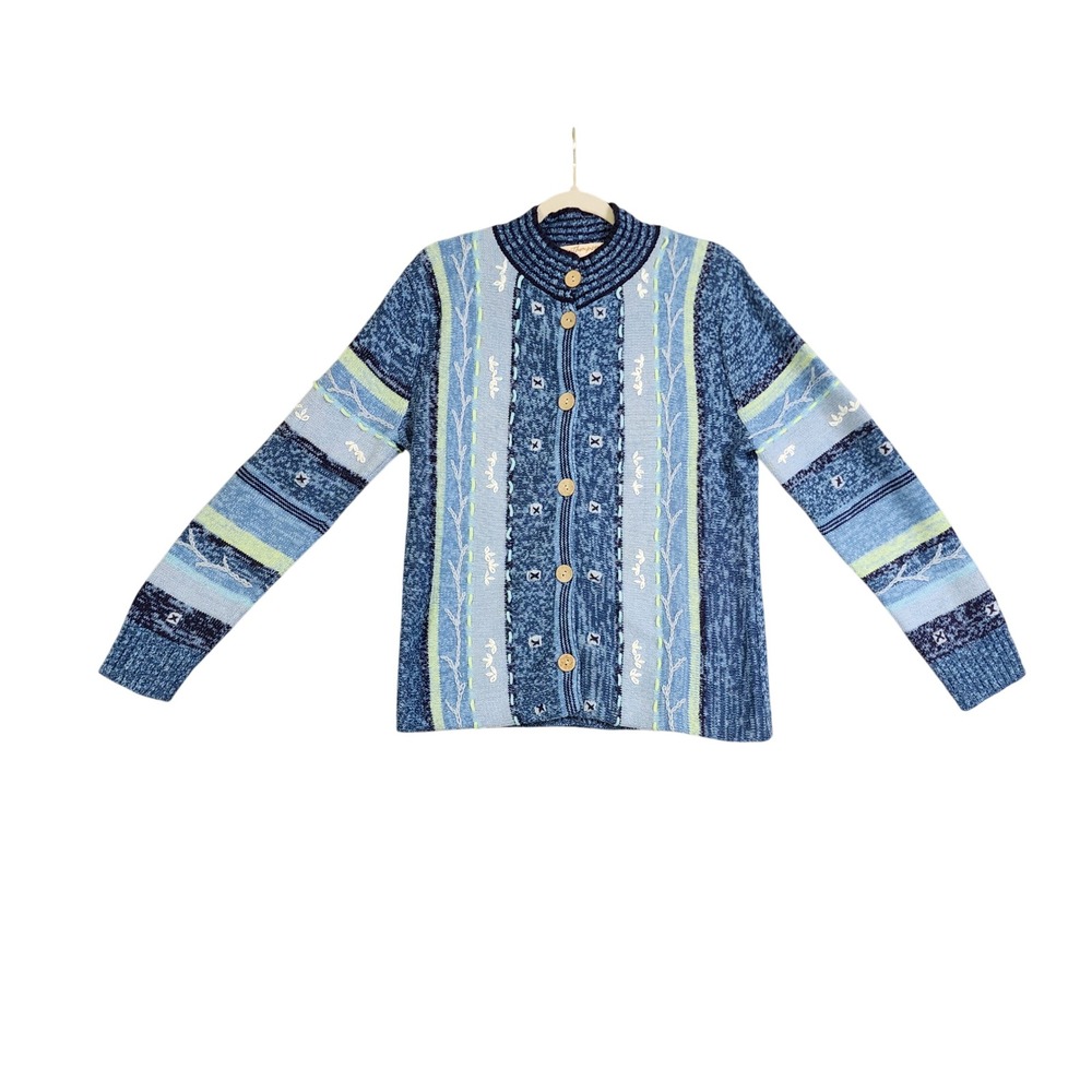 Norm Thompson Womens Vintage Embroidered‎ Knit Button Front Cardigan Medium Blue